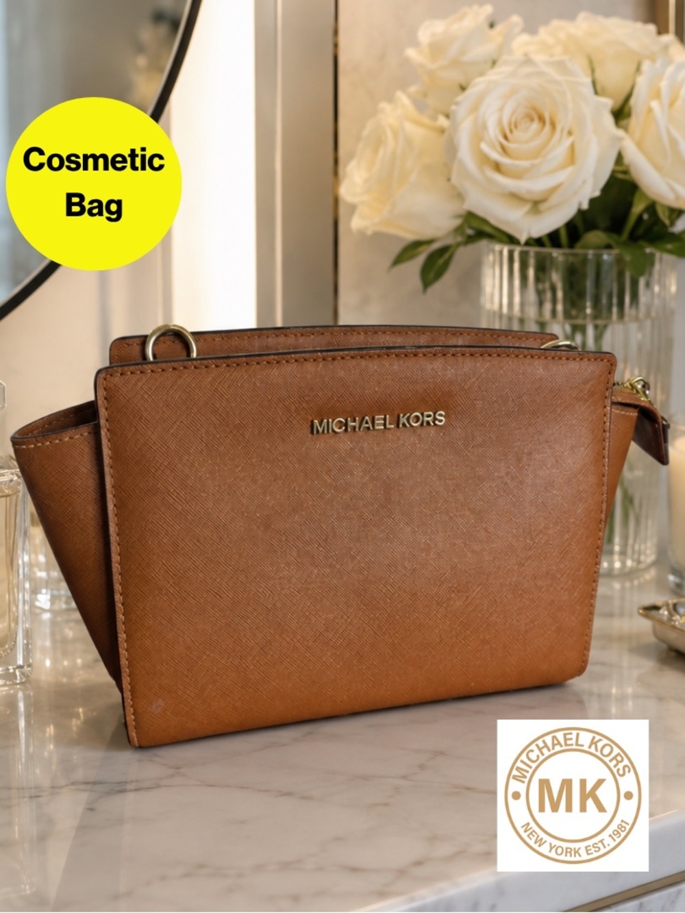 MICHAEL KORS 🤎 Tan Cosmetics Bag, Gold Zipper - 6x9” inches